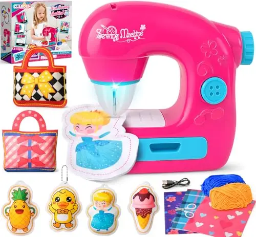 vamei Mini Máquina de Coser Infantil, Máquina de Coser Eléctrica con Telas, Hilos, Accesorios Completos, Kit Costura Niños, Kit Manualidades Niños, Regalo para Niñas 7 8 9 10 11 12 Años