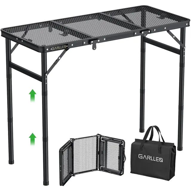 GARLLEN Mesa Plegable para Parrilla, Mesa de Picnic portátil de 3 Alturas Ajustables con Escritorio de Malla Resistente al Calor, Mesa de Camping de Aluminio Ligero para Exteriores, Barbacoa, Camping