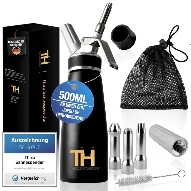 Thiru Dispensador de nata incl. caja de herramientas - grado «muy bueno» - 100 días de prueba - sifón de nata con libro electrónico y 3 boquillas - para nata montada y espuma - (negro)