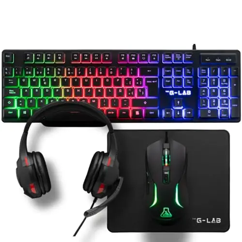 The G-Lab - Combo Sulfur - Pack 4 en 1 - Teclado Gaming QWERTY con Ñ, Ratón Gamer 3600 dpi, Auriculares Gaming, Alfombrilla Antideslizante para Juegos – PC, PS4, PS5, Xbox - Layout Espanol
