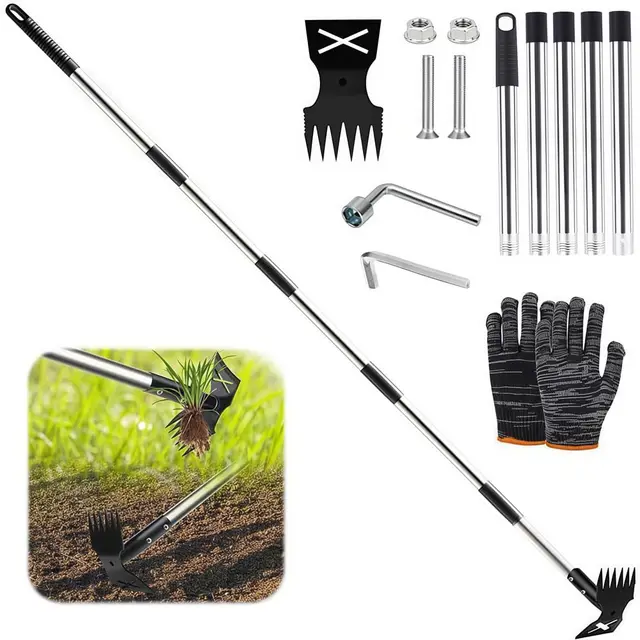 Extractora de Malas Hierbas con Mango Largo de 180 cm,Rastrillo de Azadas de Jardín 2 en 1 para Desmalezar,Quitar Malas Hierbas Jardin Mango Largo,Herramientas de Jardín para patio,césped,patio,jardín