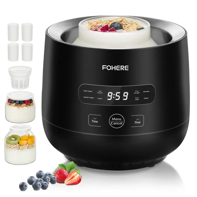 FOHERE Yogurtera con 2 XXL Tarros Capacidad de 2000 ml y 1400 ml, 4 * 125 ml Vasos y Tapa, 8 Programas Preestablecidos, Pantalla LCD, Temporizador, Potencia 20 W, Sin BPA