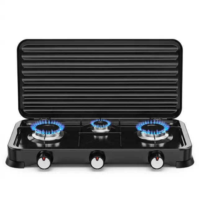 Cocina de Gas Portátil 3 Fogones 5.4kW – Hornillo Camping Butano/Propano con Tapa, Fuego Ajustable, Alta Potencia para Camping, Exterior, Viajes y Cocina al Aire Libre. (3 Fogones)