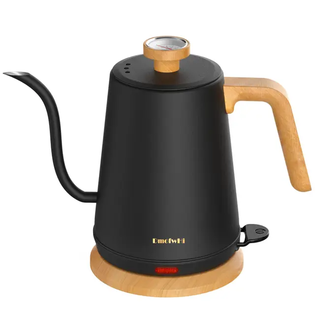 DmofwHi Hervidor Eléctrico de Cuello de Cisne de 1L con Termómetro, 1000W Tetera Electrica de Acero Inoxidable, Apagado Automático, Hervidor de Agua Para Café y Té, Negro