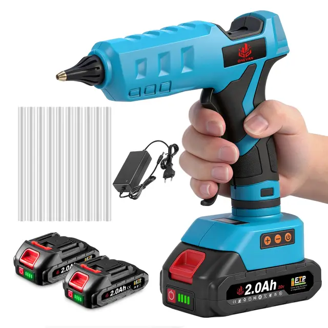ONEVAN pistola silicona caliente inalambrica, 100-200℃ pistola pegamento caliente a bateria, calentamiento rápido 60s, pantalla digital, pistola termofusible con 2x baterías 2Ah y 10x pegamento 11mm