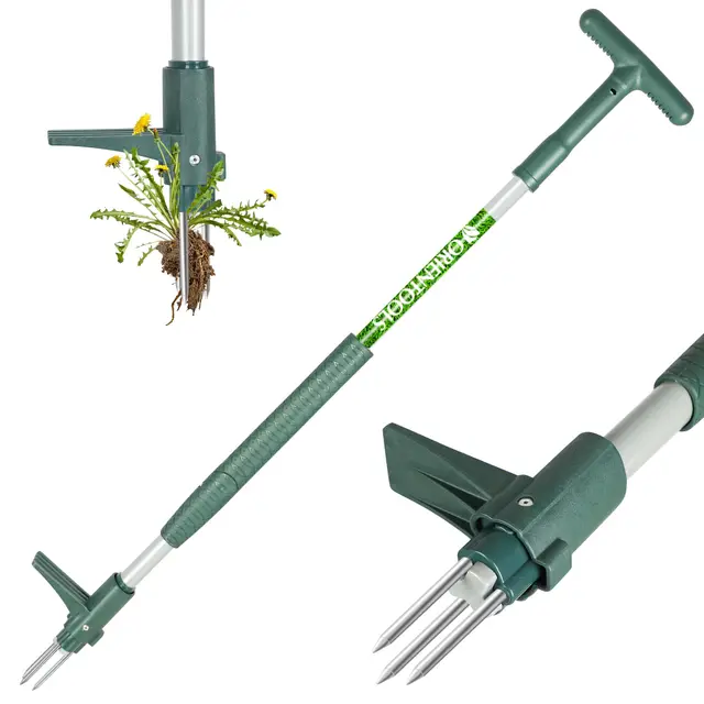 ORIENTOOLS Extractor de malas hierbas de pie, herramienta de mano con 3 garras para diente de león, herramienta de extracción de raíces de malas hierbas con giro de acero, mango largo de 100 cm