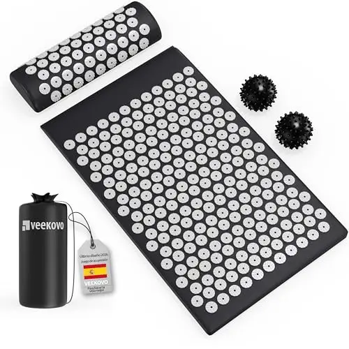 Set de Acupresión - Esterilla,Eco - Con Cojín,Bolas de Masaje y Bolsa - Almohada,Tapete de Masaje con Puntas para Alivio del Dolor,Relajación y masaje en la espalda,la cervical,los piernas (Negro)