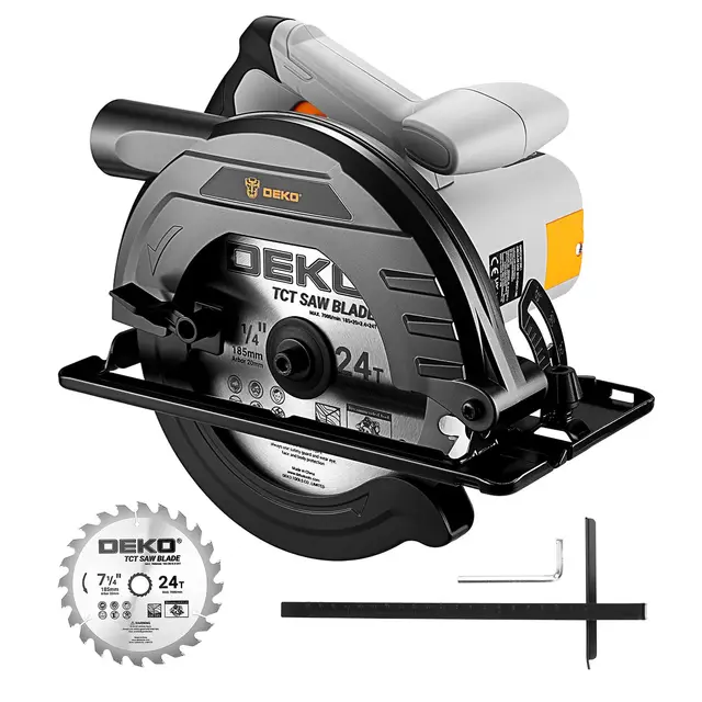 Sierra Circular 1200W: DEKOPRO Sierra Circular con Guia, Hoja de sierra Ø185mm(24T),4800 RPM, Profundidad máxima de corte 65mm (90°), 43mm (45°), 2M Cable,Incluye guía, Ideal para Cortar Madera
