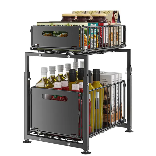 YunNasi Organizador de Cocina Almacenamiento bajo Fregadero de Metal Organizador 2 Niveles Extraíble Estante para Especias (Negro, Modelo-A)