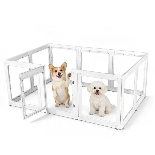 Parque para Perros de acrílico,10 Paneles bolígrafo de fácil Montaje,60cm Vallas para Perros para Interior y Exterior con Puerta con Cerradura,Cerca del Corral para Mascota 152 * 102 * 61CM