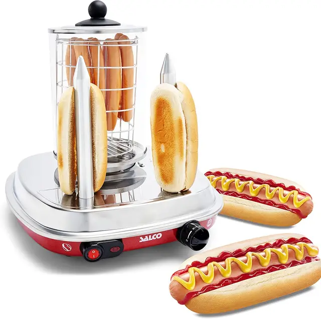 Salco Hot Dog Maker en estilo retro – 450 W, vaporizador con control térmico, pinchos de calor para 2 panecillos, capacidad cilíndrica para 8 salchichas, carcasa de metal, cilindro de cristal y cesta