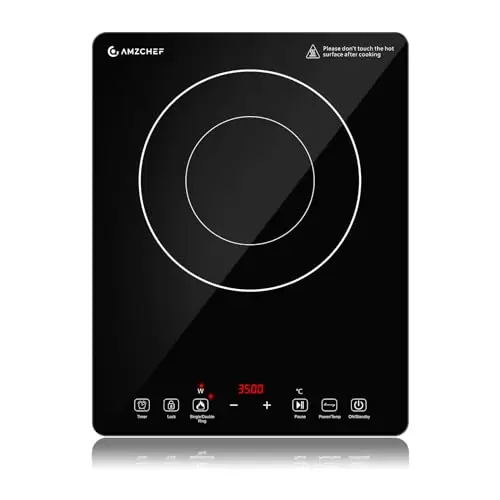 AMZCHEF Placa de inducción 3500W, placa inducción 1 placa con doble anillo, 9 ajustes de potencia y temperatura, bloqueo de seguridad, función de pausa, temporizador