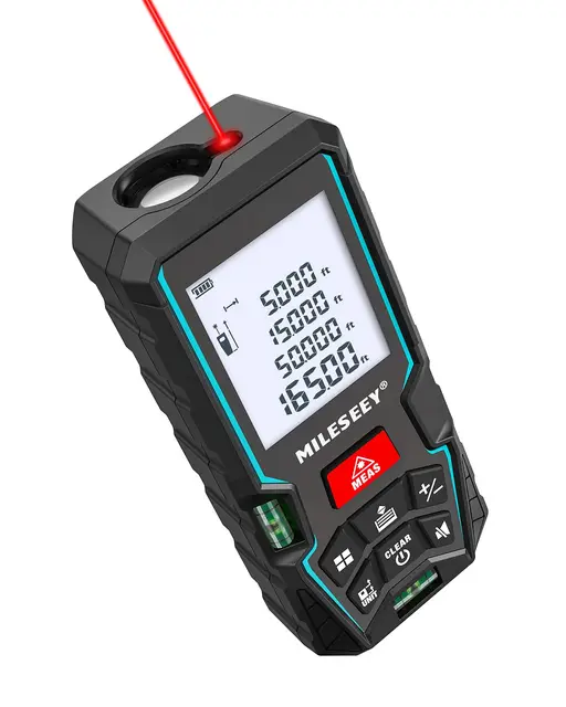 MiLESEEY Medidor Láser 50M, Telémetro Láser con 2 Niveles de Burbuja, Precisión de ± 2 mm, Cambio de Unidad m/in/ft, Pantalla LCD Retroiluminada y Modo Pitagórico, Medida de Distancia, Área y Volumen