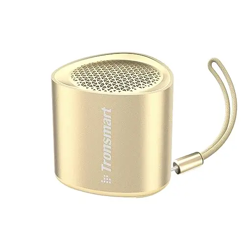 Tronsmart Nimo Altavoz Bluetooth Portátil, IPX7 Impermeable, Bluetooth 5.3, Sonido Estéreo, Diseño Supercompacto, Artesanía de Metal, Mini Altavoz con Cordón, para Ducha, Viajes - Oro