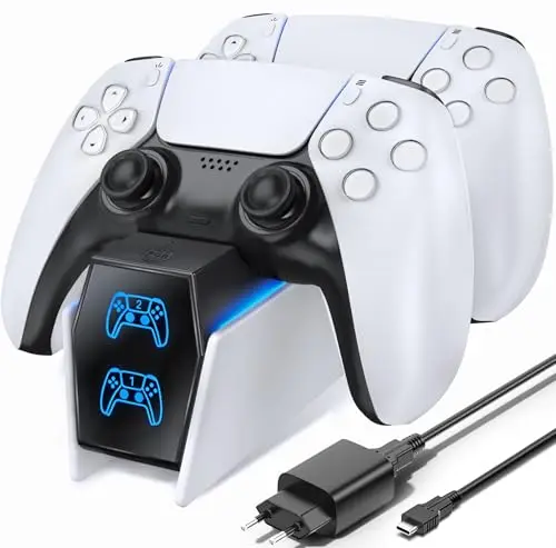 Cargador Mando PS5 con EU-Adaptador, 2H Rápido Base Carga Mando PS5, Accesorios PS5 para Estación de Carga PS5