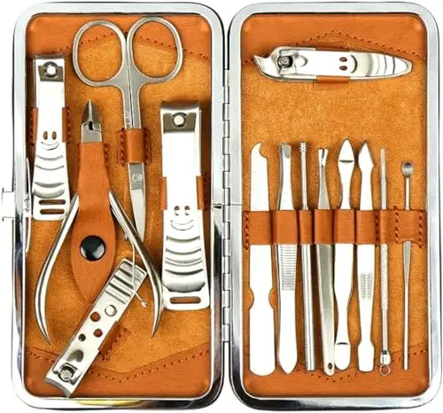 H&S Set Manicura y Pedicura Hombre y Mujer- 14uds - Kit Manicura de Acero Inoxidable Unisex - Quitacutículas y Cortauñas con Estuche de Cuero - Set Cuidado Uñas