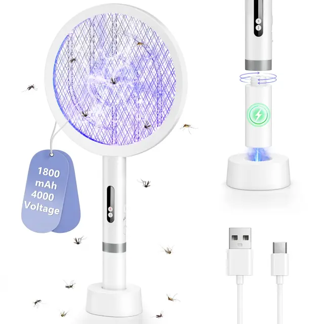 2 in1 Raqueta Mosquitos Electrica, 4000V Raqueta Matamoscas Electrica Fuerte, 1800mAh USB-C Recargable Raqueta Antimosquitos Portátil y Lámpara UV con Malla Segura de 3 Capas, Dos Modos, Blanco