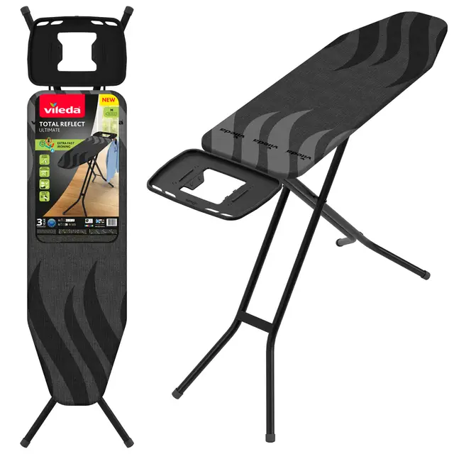 Vileda Tabla de Planchar Total Reflect Ultimate, Planchado Extra rápido, Extra Robusta, Superficie de Planchado Amplia, Altura Ajustable, Reposa Plancha XXL, Fácil de Plegar y de Guardar
