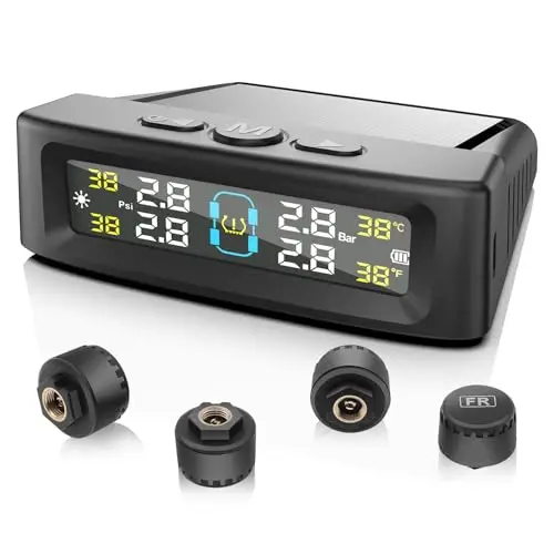 TPMS(0-5bar) Sistema De Monitoreo De PresióN De NeumáTicos Carga Solar USB Monitor con 4 Sensor Presion Neumaticos, Pantalla De PresióN en Tiempo Real para Coches SUVS Camión, Caravana