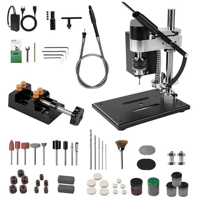 Mini Taladro de Banco, Taladro de Columna 200 W, 7 Velocidades Ajustables, Ajuste de Altura 50 mm, Portabrocas 0,6-6 mm, Carrera de Perforación 50 mm, Motor 775 para Metal, Madera, Acrílico y Aluminio