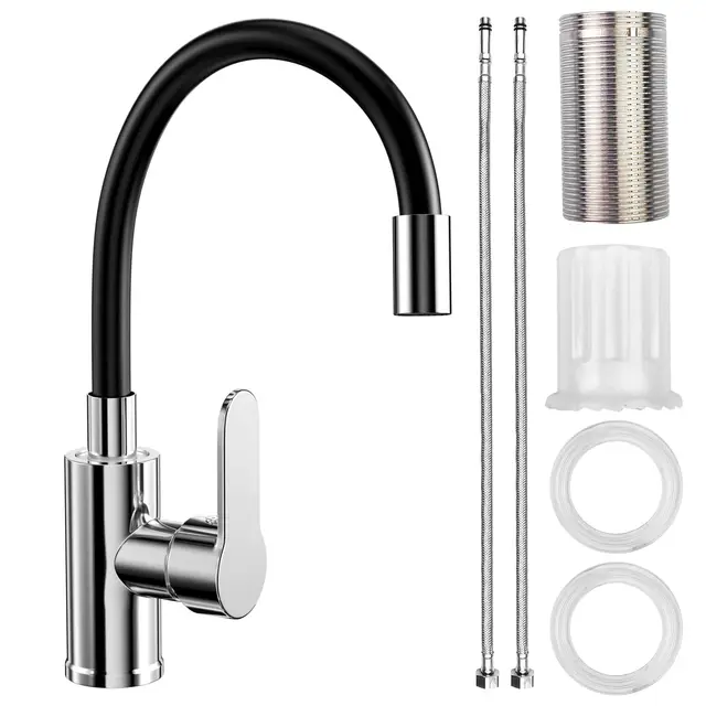 Grifo Cocina Negro con Caño Flexible, Grifo de Cocina Flexible, Grifos de Fregadero Giratorio 360°, Monomando Mezclador de Fregadero, Griferia Monomando Cromo, para Agua Caliete y Fría