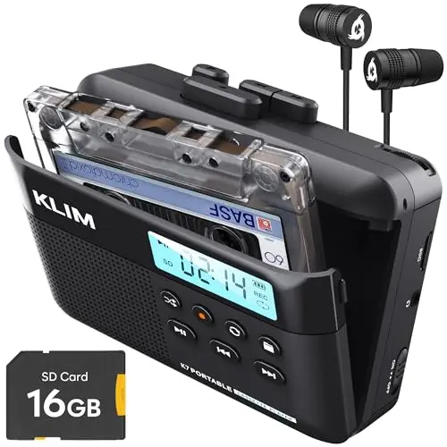 KLIM K7 Reproductor Cassette con Auriculares F1 - Conversor de Cassette a MP3 - Player Portátil con Micrófono y Altavoz Integrados - Batería Recargable - Auriculares - Tarjeta SD 16 GB - Negro