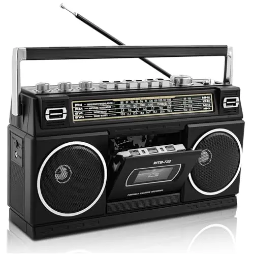 Boombox Retro 80s con Bluetooth y Reproductor de Casete | Radio Am/FM/OL, Sonido de Graves Potente 24W, Reproducción USB & Micro SD - Toma de Auriculares y Portátil para Interior/Exterior