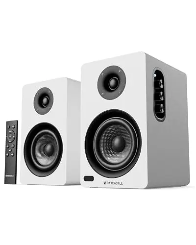 Oakcastle BK100 Altavoces Autoamplificados Bluetooth 5.4 | 60W 2.0 Altavoz PC | Altavoces para TV con HDMI ARC | Altavoz Activos para Tocadiscos | Monitores de Estudio Hifi con Control Remoto (Blanco)