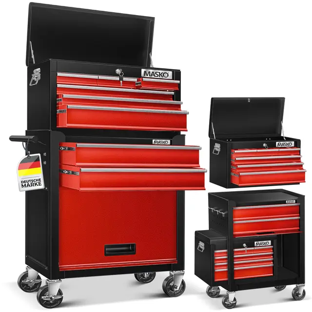 MASKO® Carro de taller con maletín incluido, 9 compartimentos con cerradura metal macizo, sin herramientas, para guardar herramientas, rojo