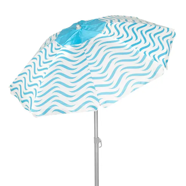 AKTIVE Sombrilla de playa antiviento 200 cm, 8 varillas de fibra de vidrio, Diseño olas de playa, Ventilación superior, Protección UV50, Mástil de acero inclinable, 28/32 mm, Incluye funda (62440)