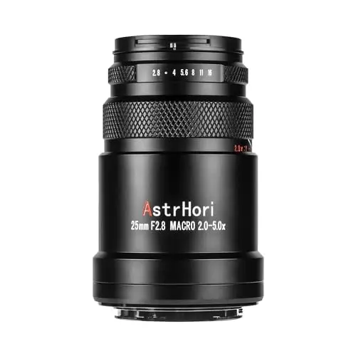 AstrHori Lente Ultra Macro de 25 mm F2.8 2X-5X Enfoque Manual de fotograma Completo Compatible con cámaras sin Espejo Fuji X, X-A1, X-A10, X-E2, X-A2, X-A3, etc.