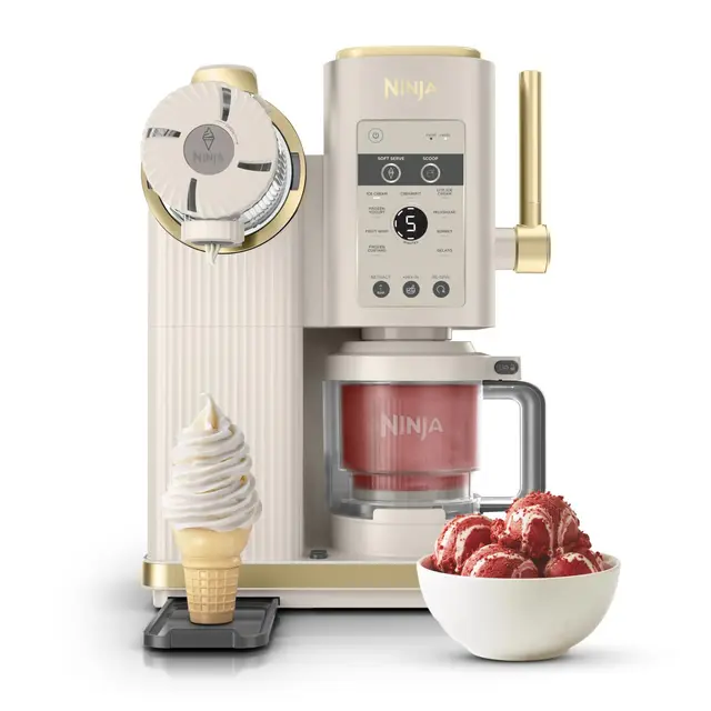 Ninja CREAMi Scoop & Swirl La heladera con 2 tarrinas y 13 funciones prepara helados, helados cremosos, gelatos, batidos y más, y cuenta con la opción de añadir extras, piedra/dorado, NC701EUSTGD
