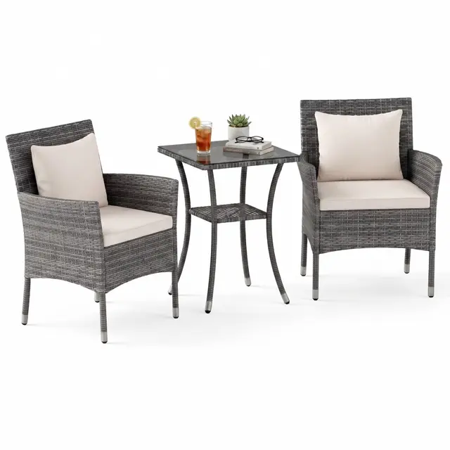 GIANTEX Juego de Muebles de Jardín 3 Piezas, 2 Sillones con Cojines y 1 Mesa con Tablero de Cristal, Conjunto de Muebles de Ratán para 2 Personas, Juego de Bistró para Balcón, Patio (Gris+Beige)