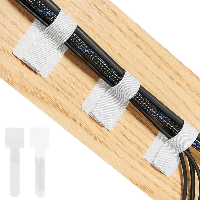 VEGCOO 50 Pcs Organizador Cables para Escritorio, Gestión de Cables Adhesiva Reutilizable, Bridas Ajustables Ligeras para Organizar Cables de Carga, Solución Antienredos para Oficina y Hogar (Blanco)