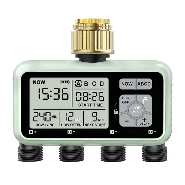Johgee Programador de riego, 4 Salidas con Entradas de Latón, Temporizador Digital de Agua con retardo por Lluvia, Control de riego Automático/Manual para jardín y césped