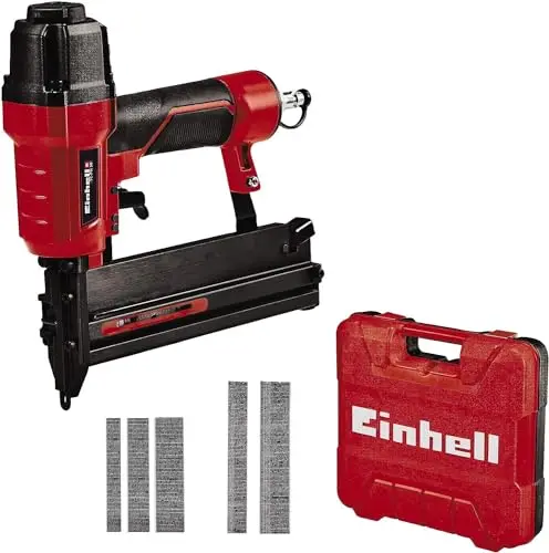 Einhell Grapadora de aire comprimido TC-PN 50 (8.3 bar, pistola de clavos, nariz de seguridad, incl 1500grapas y 2000 clavos, botella de aceite, boquilla, maletín de transporte) Rojo, Negro