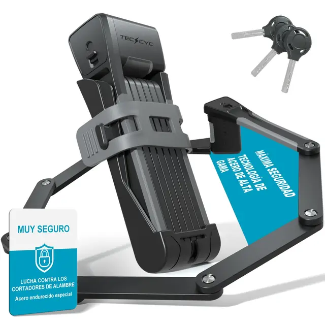 TECHCYC Candado Bicicleta Plegable con Soporte, Fácil de Llevar, Candado Bicicleta de Acero de Alta Seguridad 3 Llaves, Universal para Bici, Motocicleta y Scooter Patinete Electrico (120cm)