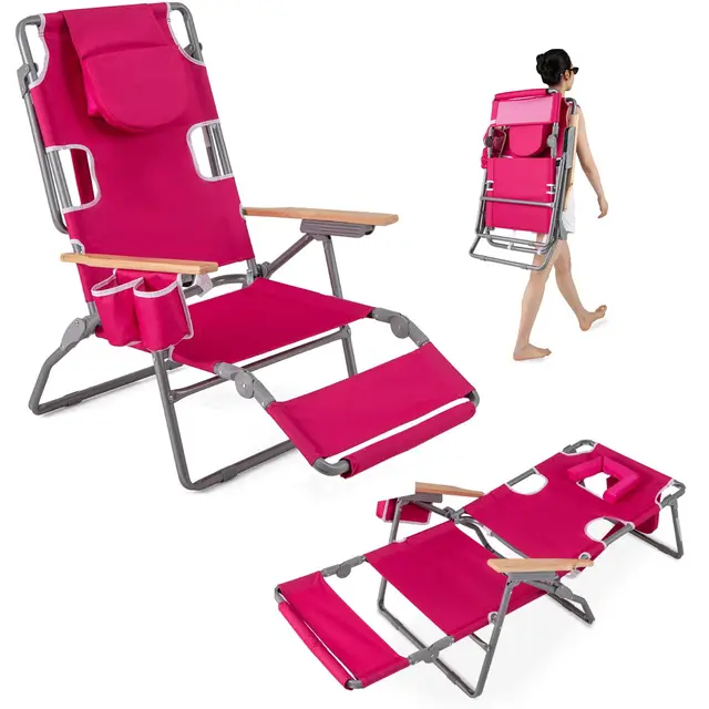 GOPLUS Silla de Playa Reclinable 3 en 1 con Reposapiés, Tumbona Extensible Plegable Exterior con Orificio para la Cara, Respaldo Ajustable, Toallero, Bolsillos de Almacenaje (Rojo)