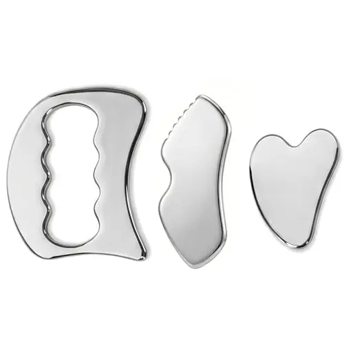 3-Piece Stainless Steel Gua Sha Facial Tool Set - D-Shape, Heart & Lip Scraping Board with Bolso de Terciopelo Negro for Lymphatic Drainage, Skin Care Massage