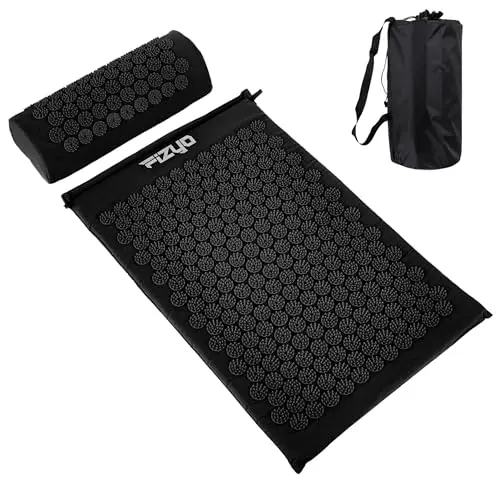 Fizyo Alfombrilla de acupresión con almohada – Set de masaje para alivio del dolor, estrés y tensión, espalda, cuello y hombros, estimulación circulatoria, con bolsa de transporte, (Negro)