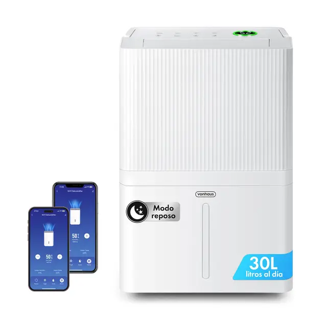 VonHaus Deshumidificador 30 litros Bajo Consumo para Casa Depósito de Agua de 5,3 L – Deshumidificador WiFi para Secar Ropa Previene el Moho y los Malos Olores – Ideal para Casa