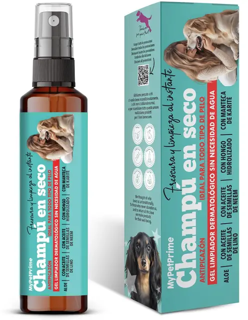Champú Seco en Gel para Perros | SIN Aclarado | Antiolor | Dermatológico | Higienizante, Antipicor | con Aceite de Semillas de Neem | Apto para Todas Las Razas | Sin Parabenos ni SIL