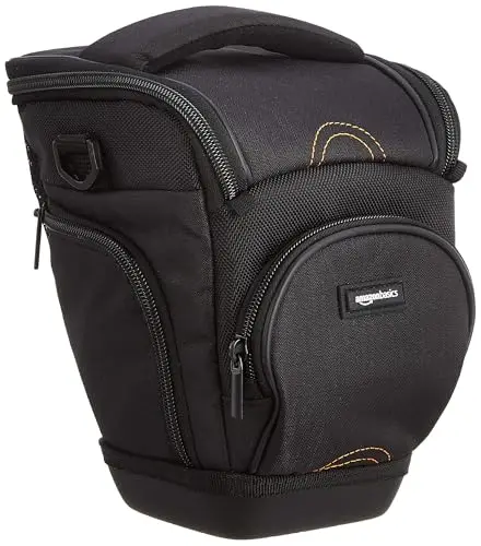 Amazon Basics Bolso Bandolera Estilo Funda para Cuerpo de Cámara SLR y Objetivo, Correa Desmontable, Impermeable, Antiimpactos, Acolchado, Sólido, Bolsillo para Accesorios - Negro, 17,5 x 16 x 23 cm
