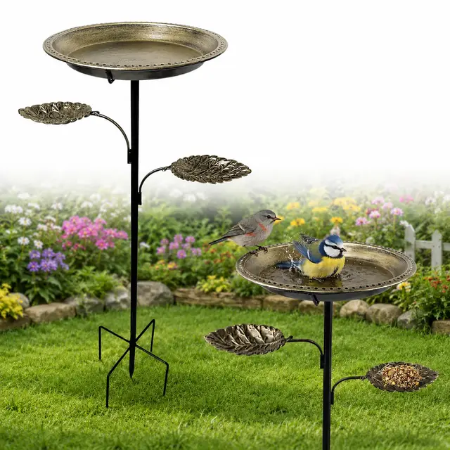 Baño para Pájaros de Metal con Soporte,2 en 1 Bebedero para Pájaros de Pie y Comedero, Bird Bath Vintage para Jardín, Baño para Pájaros con Estaca y Decoración Exterior para Balcón o Patio (Bronce)