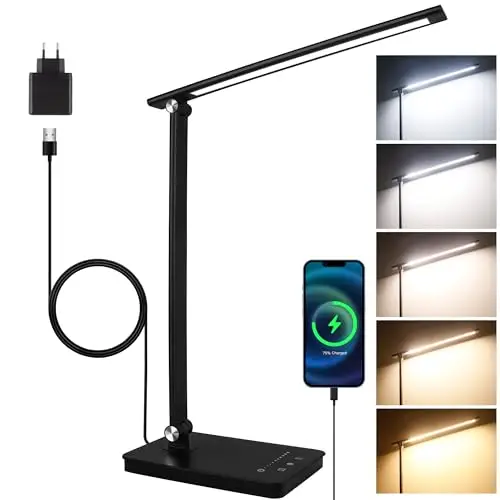 Akynite Lampara Escritorio LED con Puerto USB C, Adaptador 2A incluido, 5 Color 10 Brillo, 45Min Temporizador, Flexo Escritorio LED Plegable, Luz Cama Control Táctil, Función Memoria, Negro