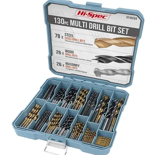Hi-Spec Juego de Brocas Múltiples de 130 Piezas. Set Brocas de Acero Recubiertas en Titanio HSS. Para Taladrar y Perforar Metal, Madera y Piedra. Incluye Kit de Almacenamiento