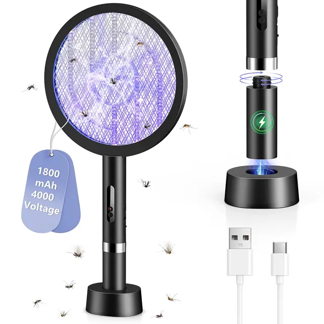 2 in1 Raqueta Mosquitos Electrica, 4000V Raqueta Matamoscas Electrica Fuerte, 1800mAh USB-C Recargable Raqueta Antimosquitos Portátil y Lámpara UV con Malla Segura de 3 Capas, Dos Modos, Blanco