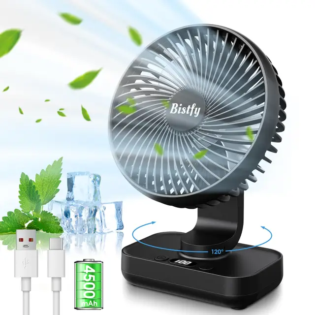 Ventilador de Mesa USB Silencioso, 120° de Oscilación, 90° de Inclinación del Cabezal Ajustable, 5.5'' 14cm Ventilador Portatil Sobremesa Digital de 4 Velocidades 4500mAh 2A Recargable (Negro)