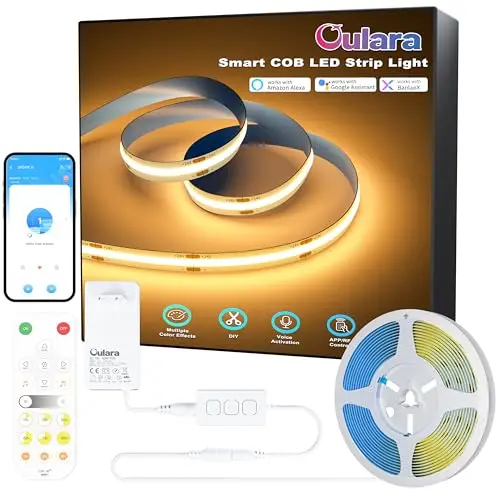 OULARA WIFI COB LED Tira Blanco Cálido 2700K,10M Dimmable 24V LED Tira de luz Conjunto,Smart Trabajo con Alexa/Google Assistant para la iluminación de Bricolaje Debajo del Armario,Dormitorio,Cocina.