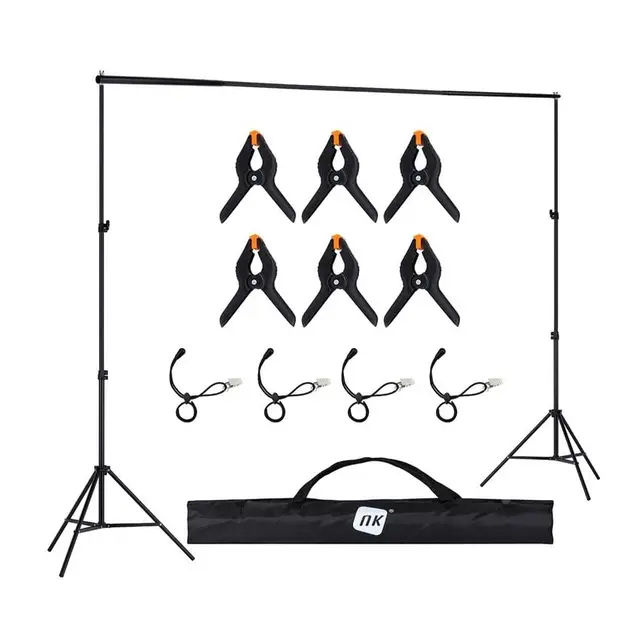 NK Soporte de Fondo para Fotografía Profesional 2 x 3 Metros Ajustable y Retráctil, 2X Trípode, 1x Barra Transversal entrelazada, 6X Pinzas, 4X Abrazaderas Laterales de Velcro, 1x Bolsa de Transporte
